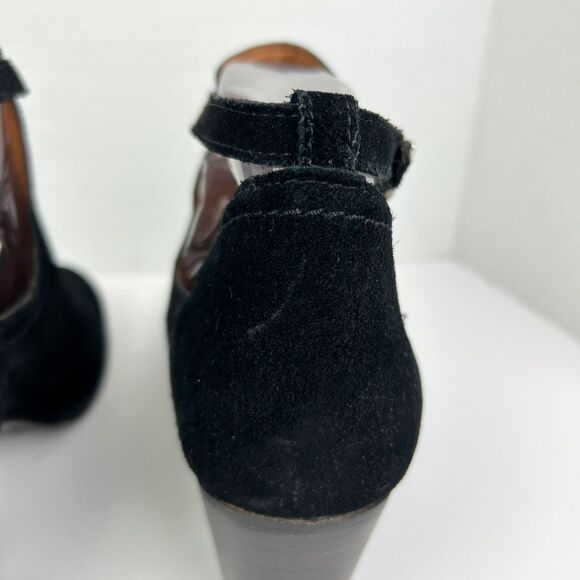 Frye Meghan Ankle Boots Black Suede Booties Cutout Strap w/ Buckle Heeled sz 9 - Picture 11 of 12